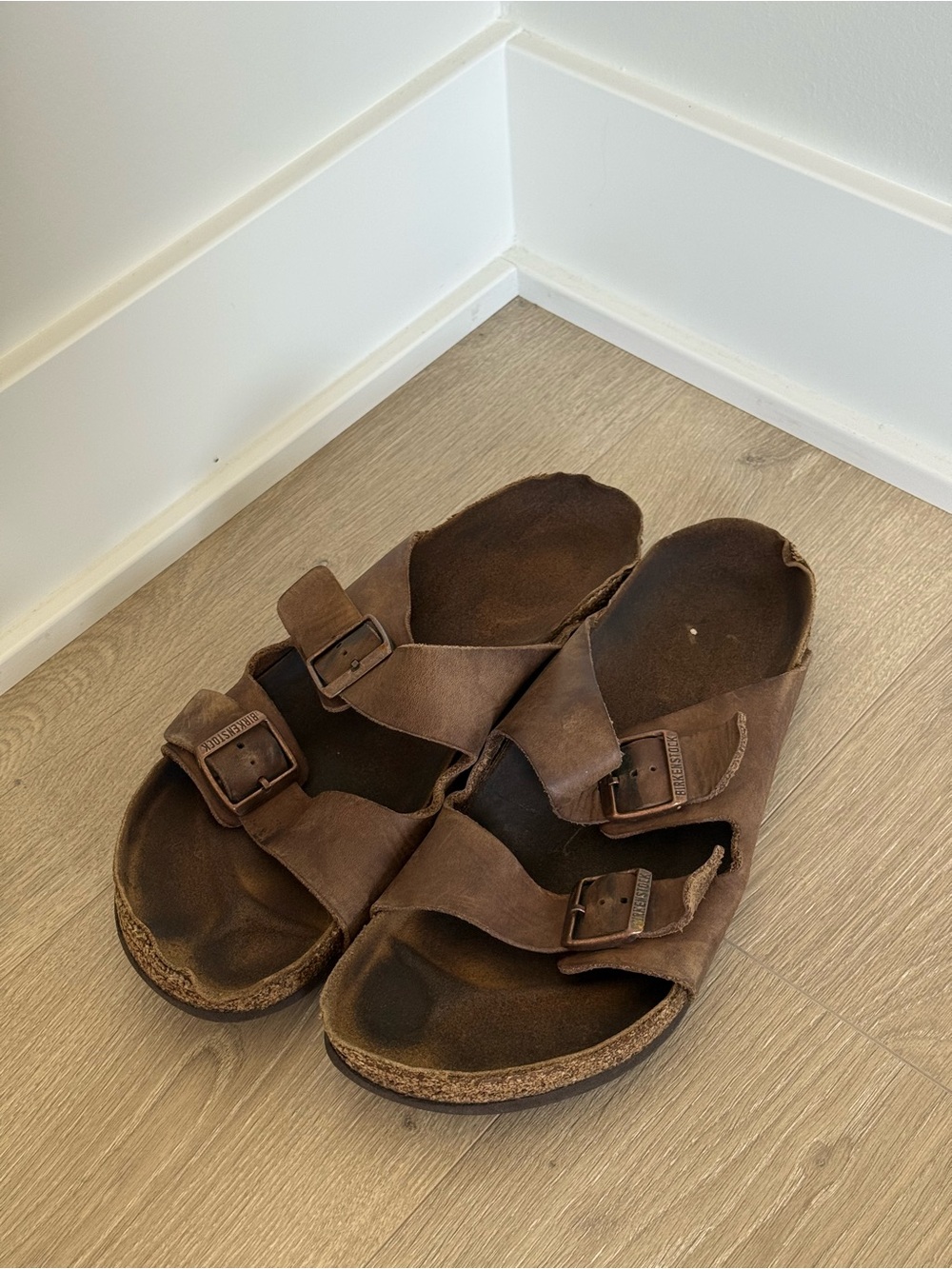 Birkenstock Brown Leather Double Strap Sandals Mens 10 well worn